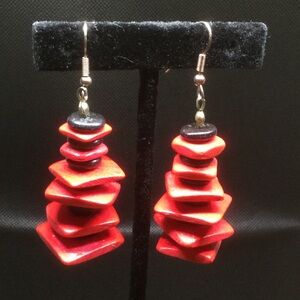 Vintage Red & Black Wooden Stacked Dangle Earrings